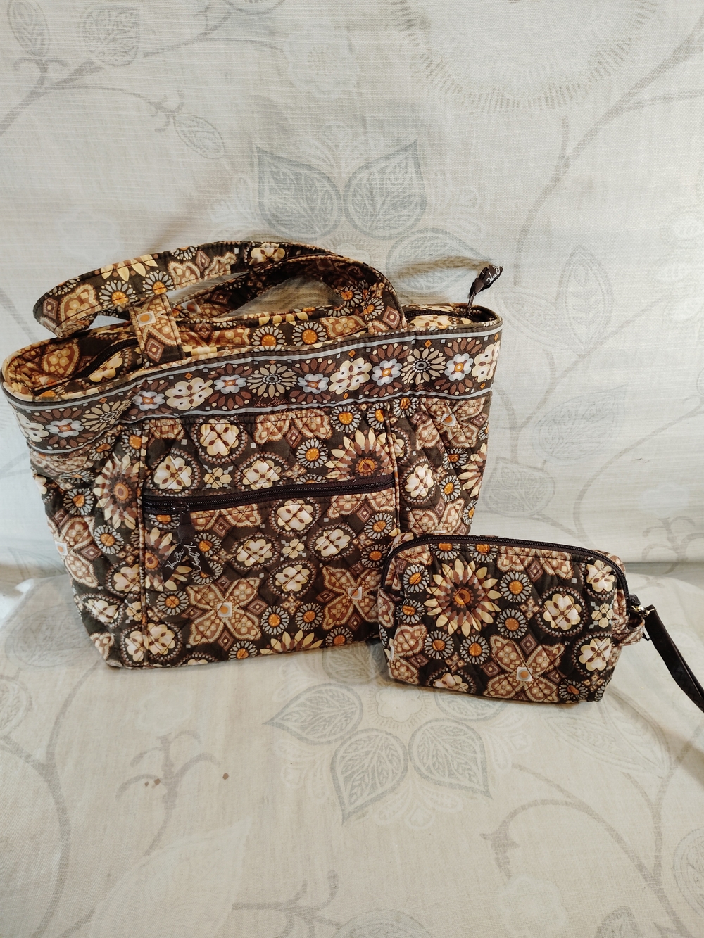 Vera Bradley Brown and Cream Quilted Floral Shoulder Tote with Wristlet